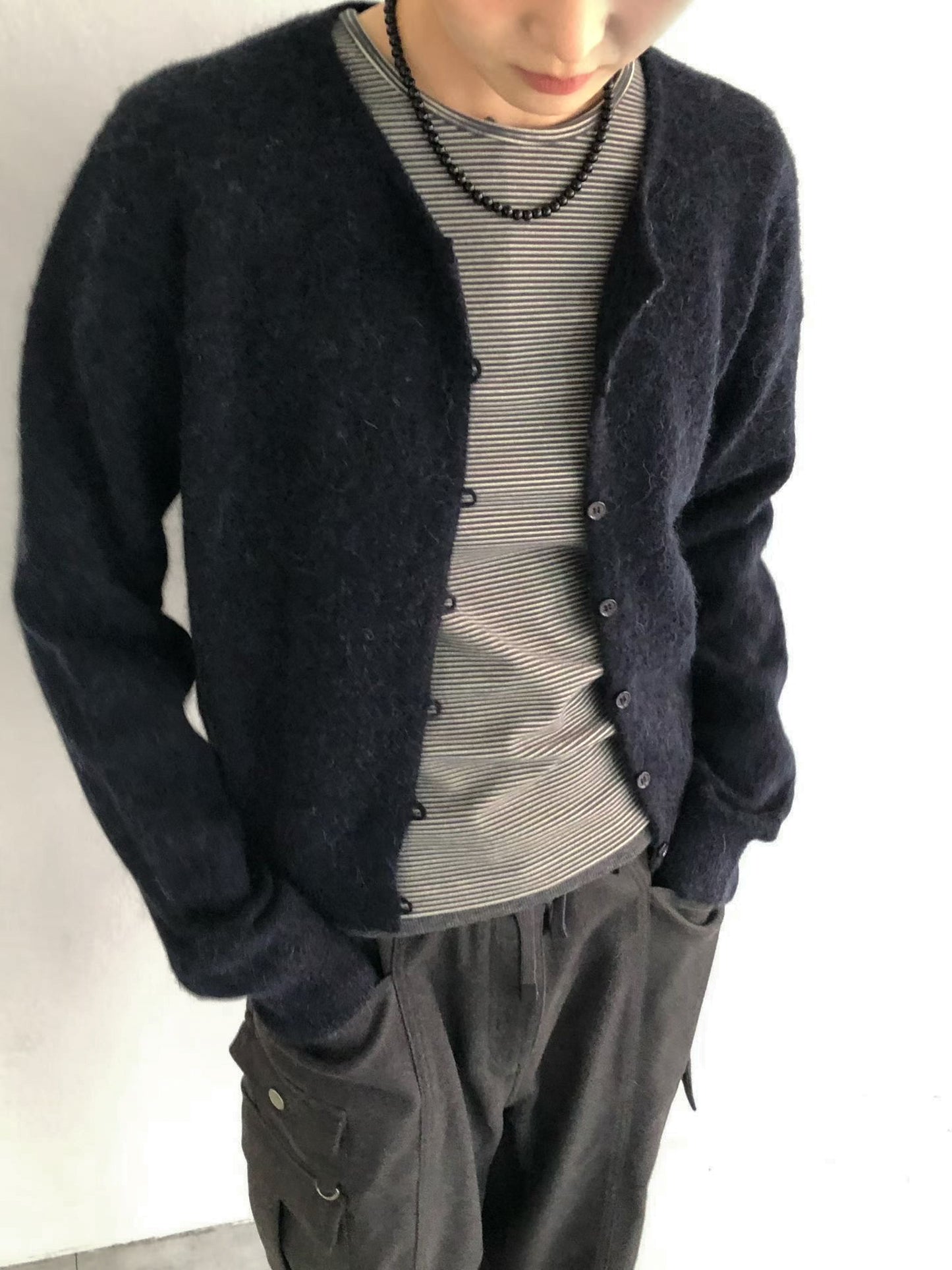 浣熊混紡冷繩圈鈕扣外套 深藍色