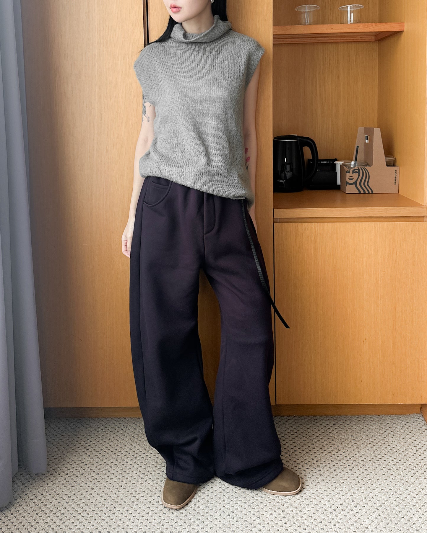 內舖棉舒適棉褲 - 酒紅啡