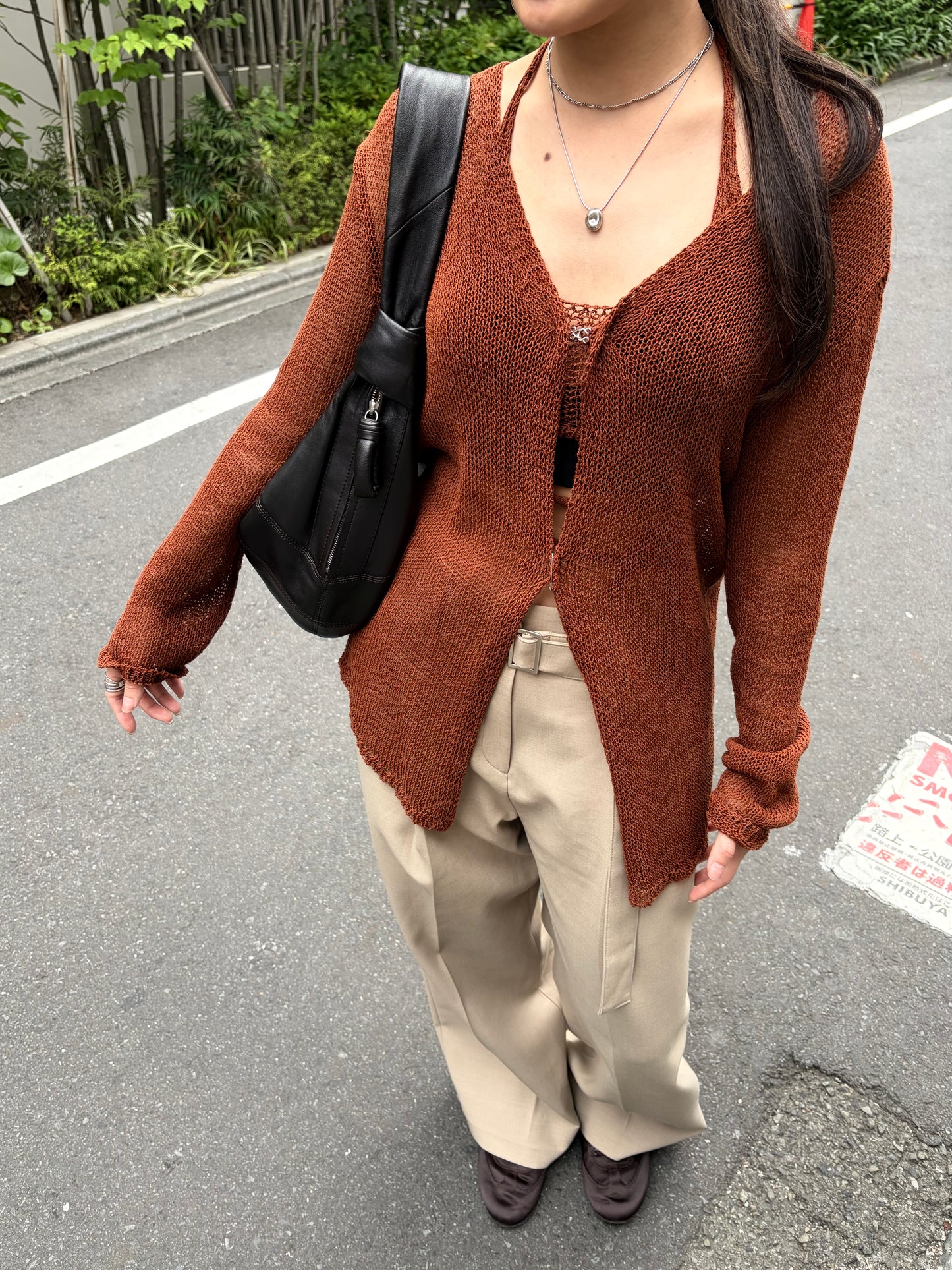 配腰帶打褶長褲 - 杏色