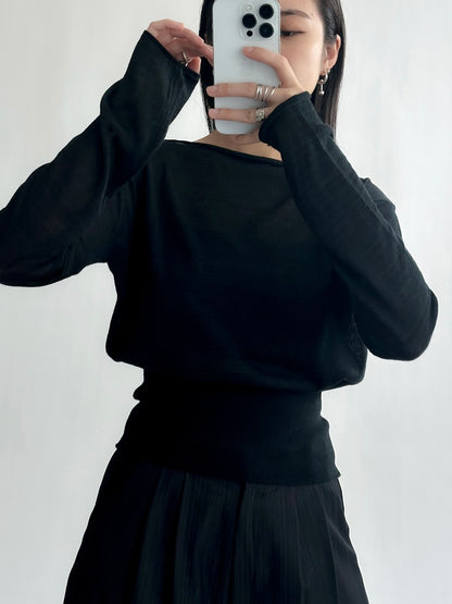 一字領束腰薄冷衫 - 黑色