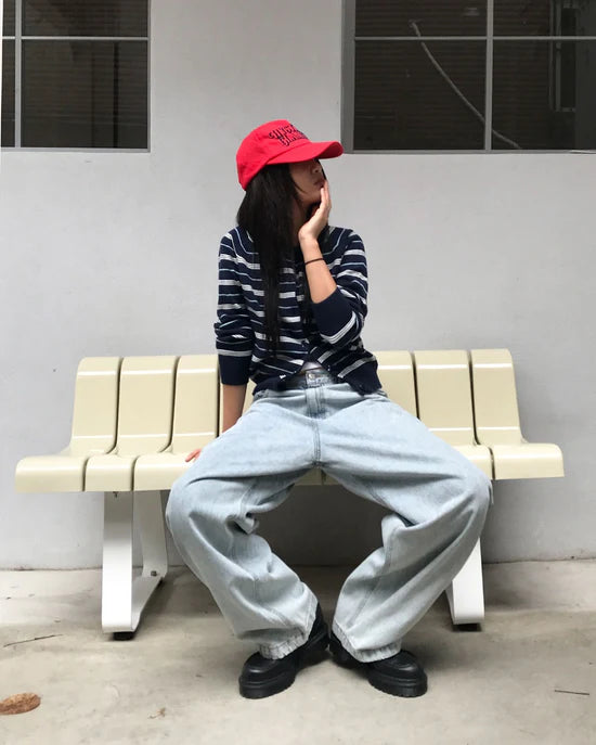 條紋開胸針織衫 深藍色