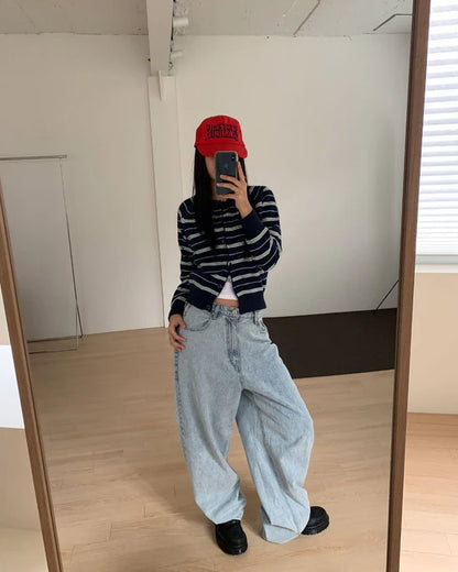 條紋開胸針織衫 深藍色