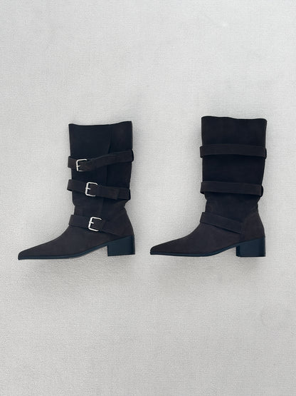 麂皮反褶尖頭靴