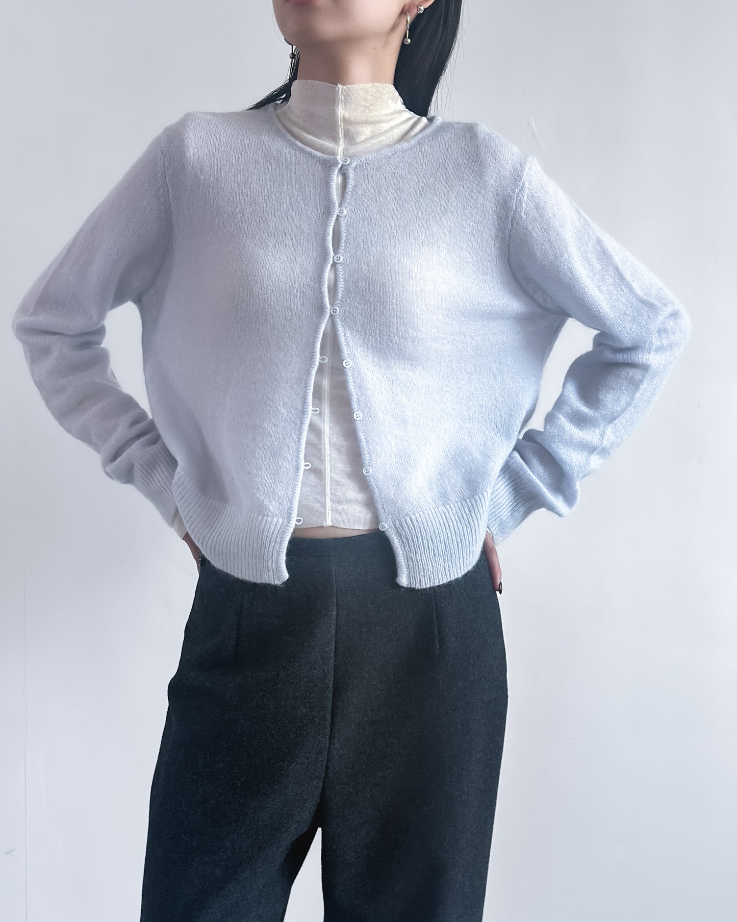 海馬毛混紡圓領薄外套 淺藍色