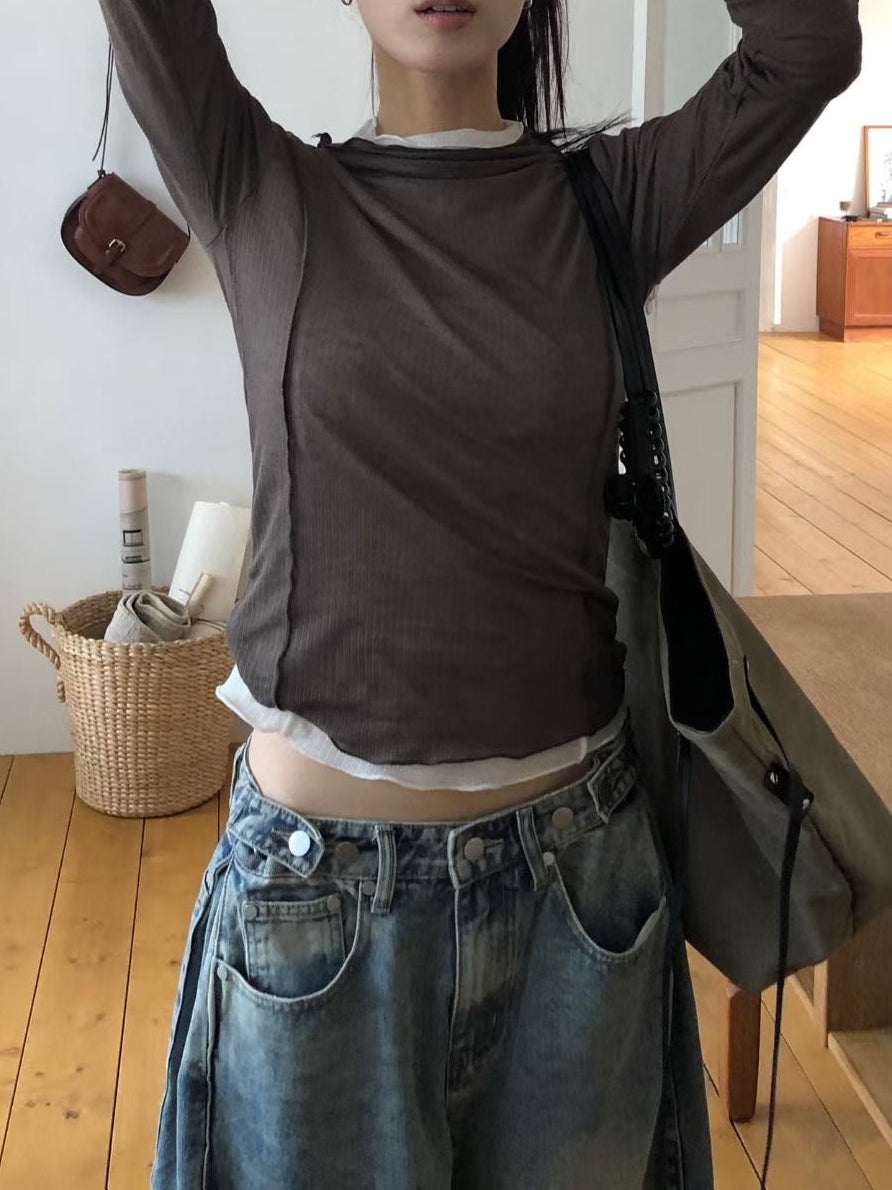 捲邊車線修腰上衣 啡色