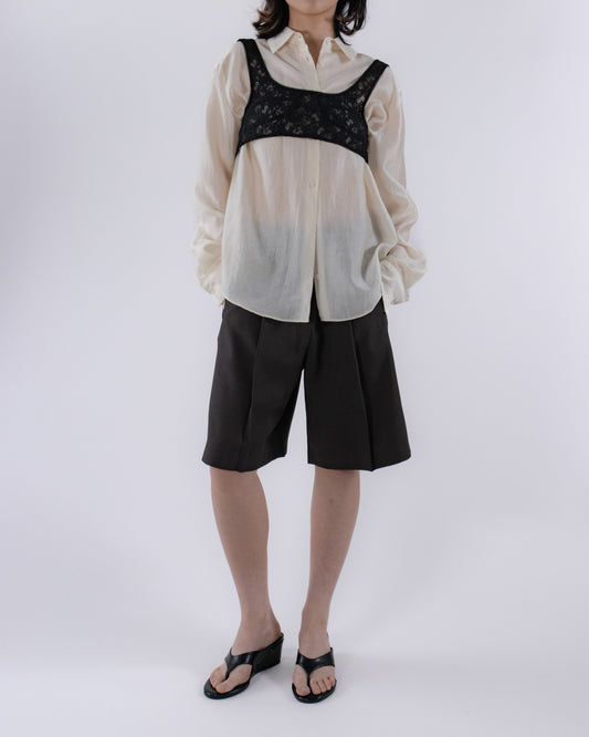 綁帶蕾絲外疊背心 - 黑色