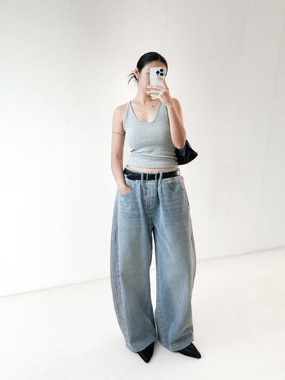 純棉拼布弧形牛仔褲