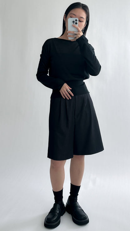 一字領束腰薄冷衫 - 黑色