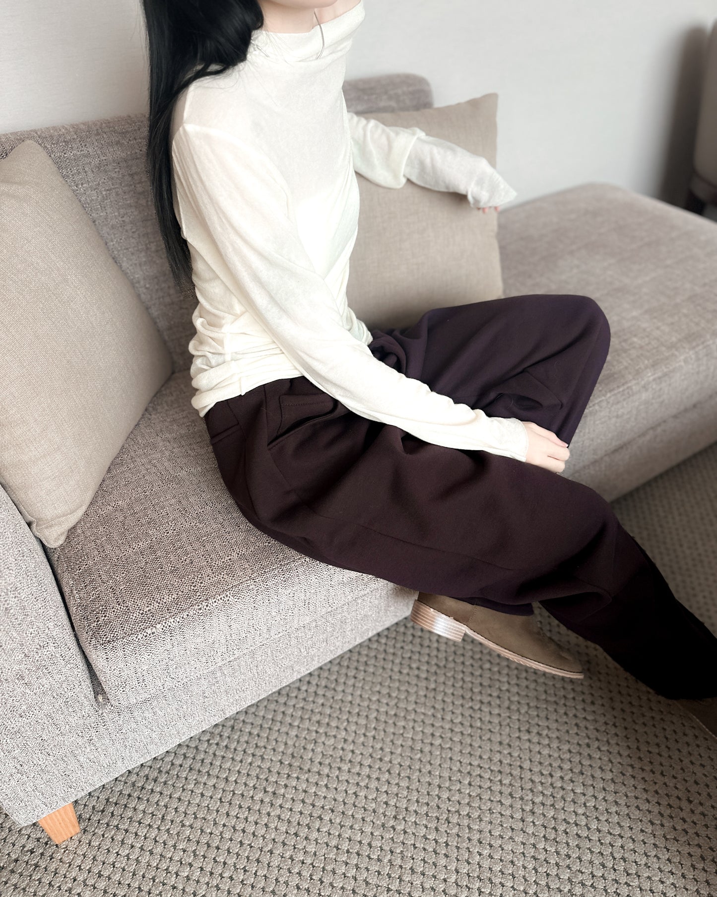 內舖棉舒適棉褲 - 酒紅啡