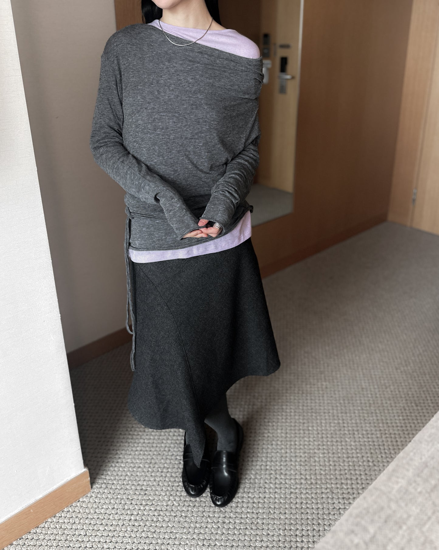 不規則收邊羊毛半截裙 - 深灰色