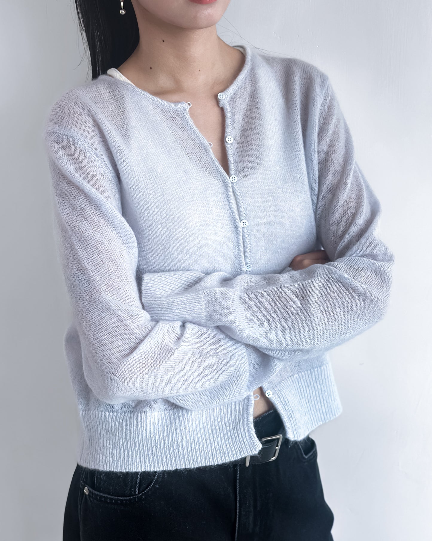 海馬毛混紡圓領薄外套 淺藍色