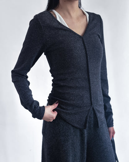 V領修腰彈性上衣 深灰色