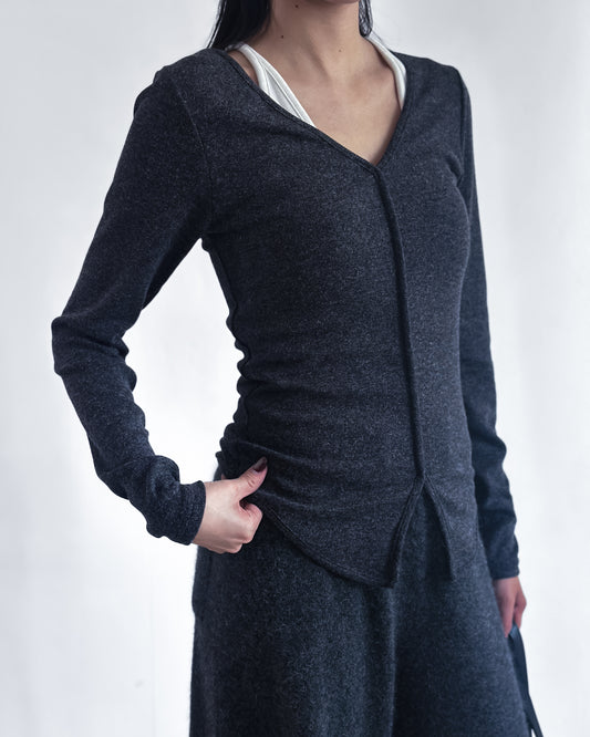 V領修腰彈性上衣 深灰色