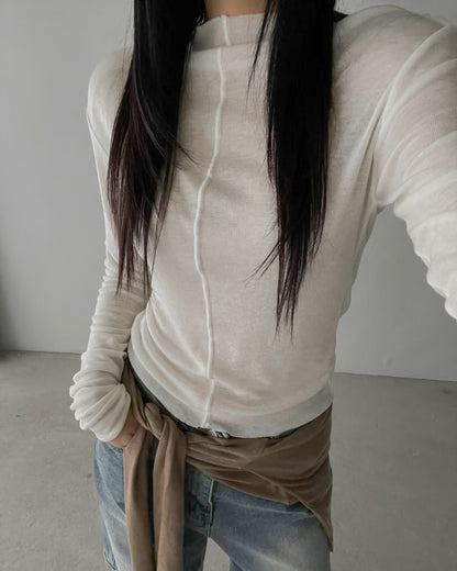 前後兩穿半高領上衣 深米色