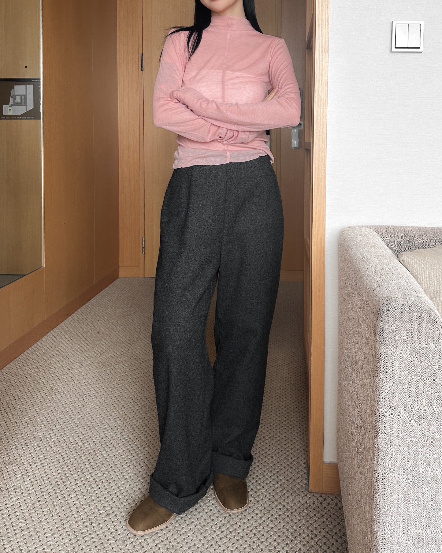 (可拆式裙片)薄羊毛直筒長褲 - 深灰色