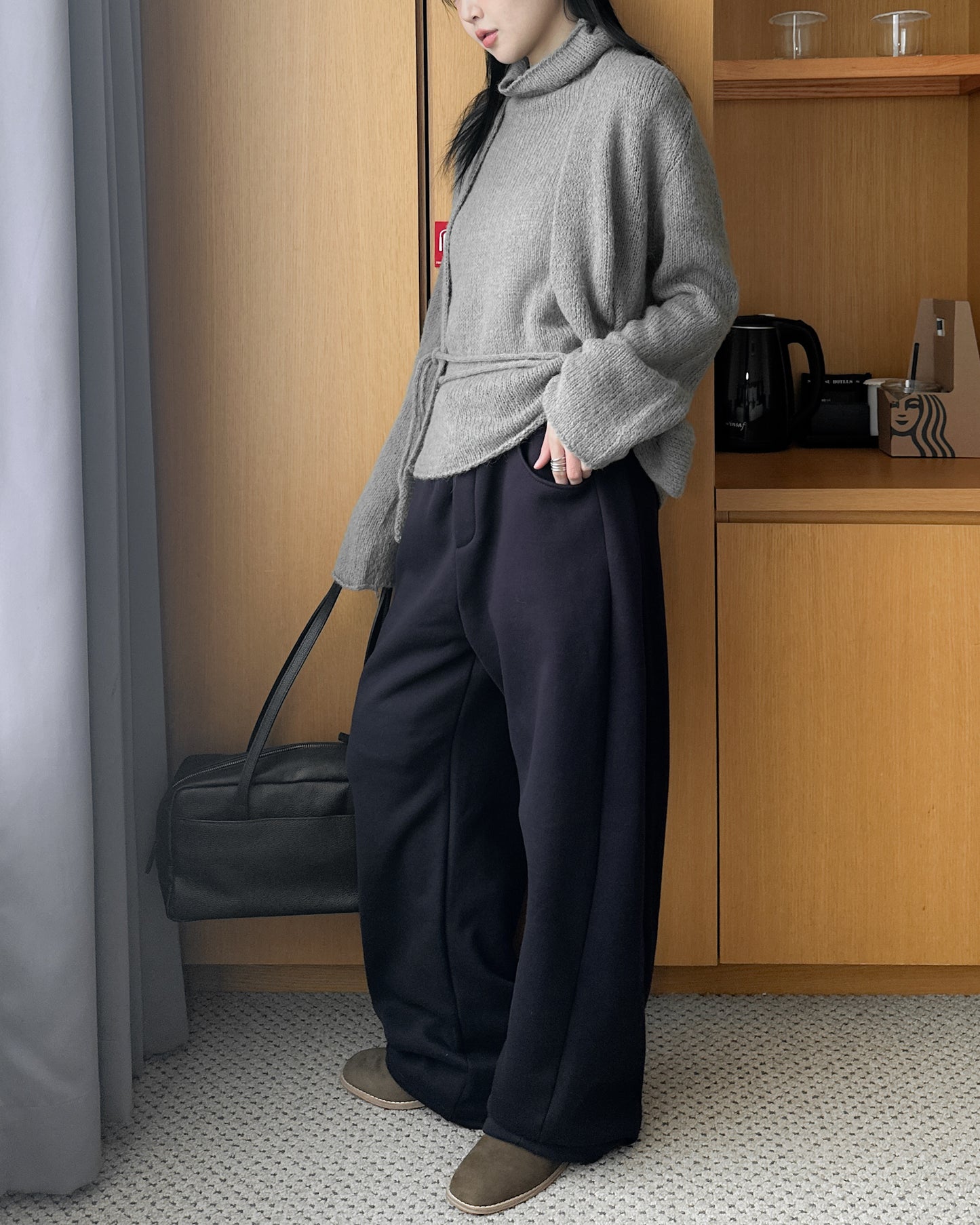 透薄羊毛背心連外套套裝 - 卡其色