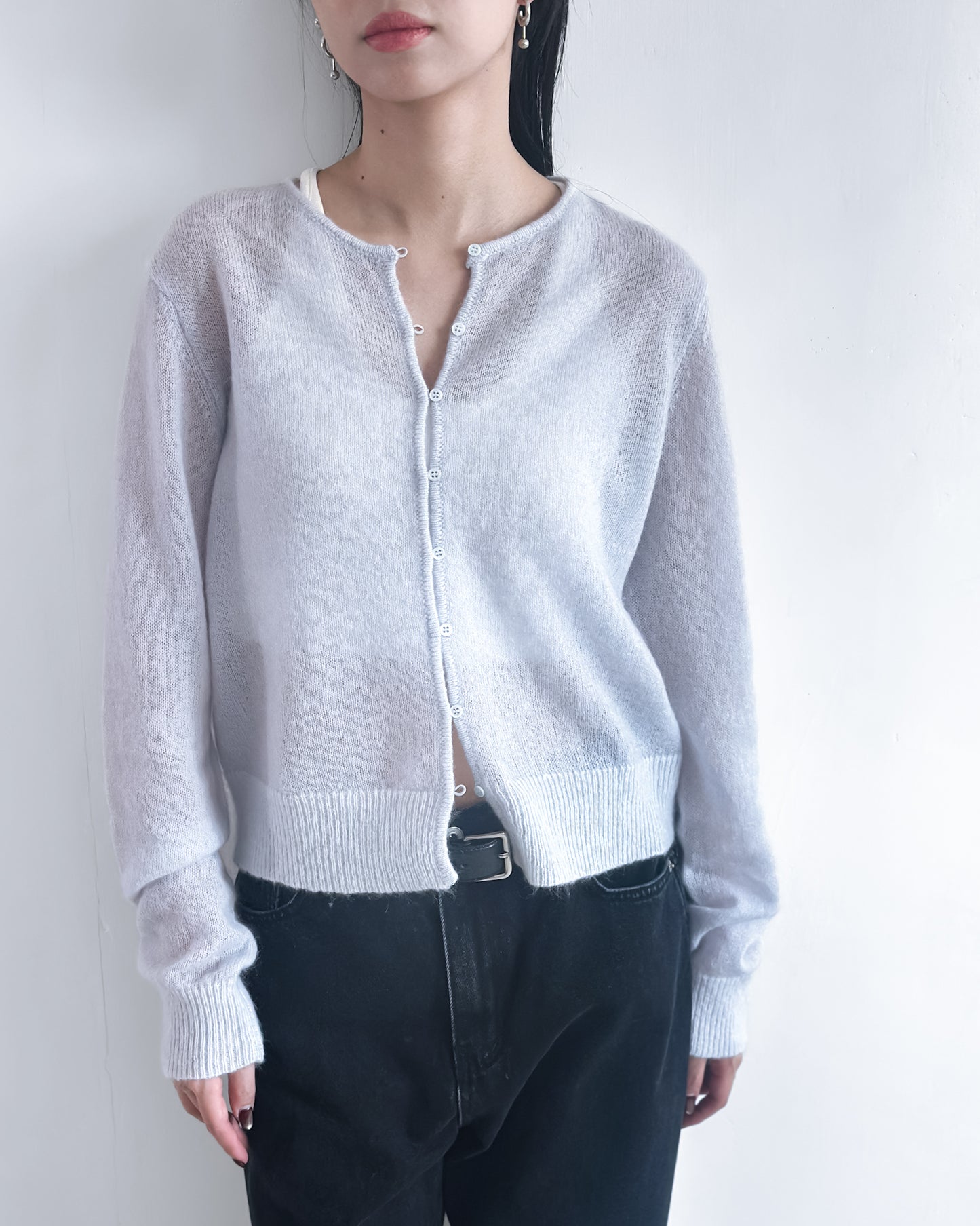 海馬毛混紡圓領薄外套 淺藍色