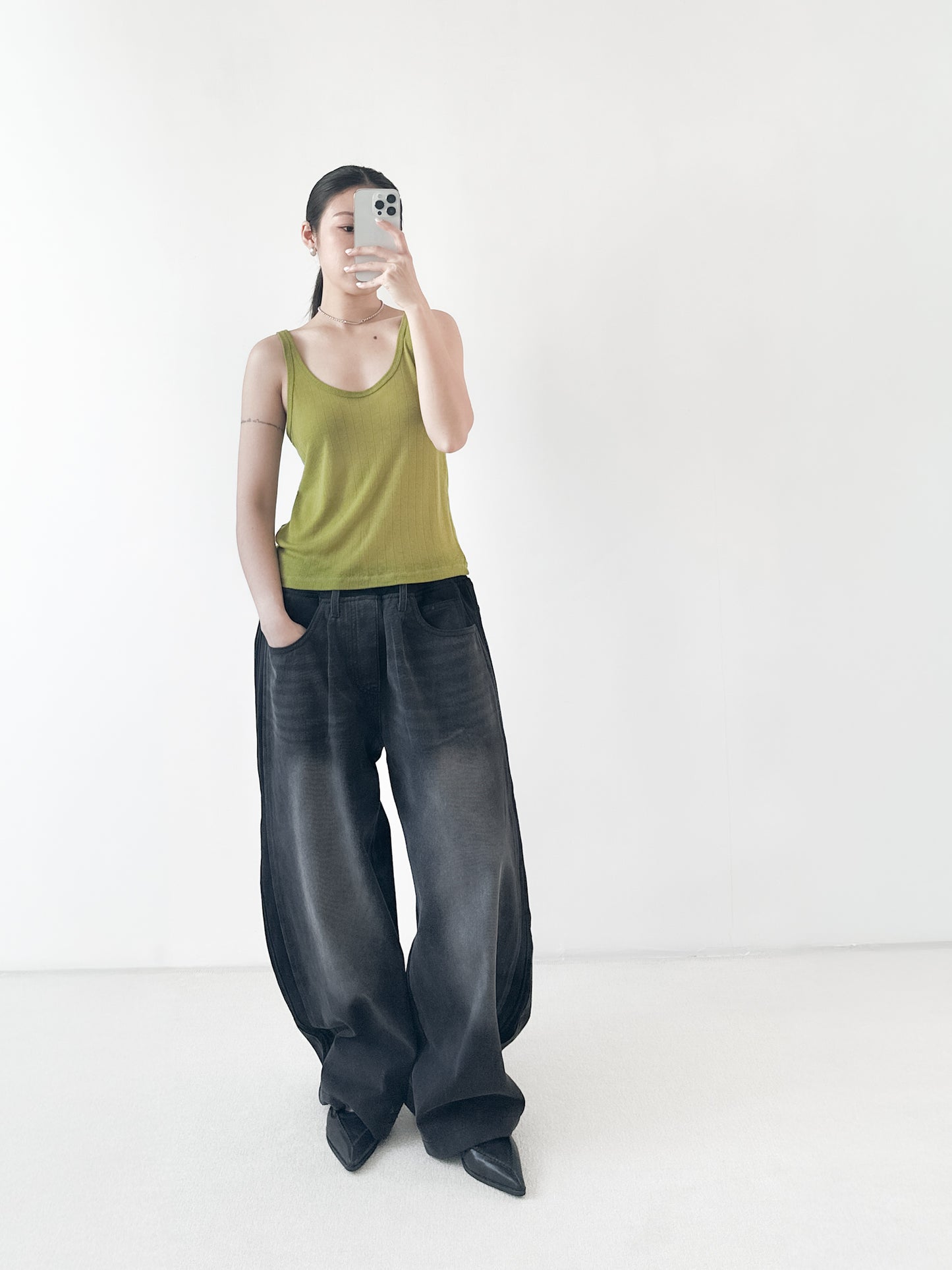 純棉拼布弧形牛仔褲