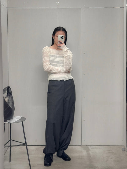 內外搭兩穿平領細褶上衣 米白色