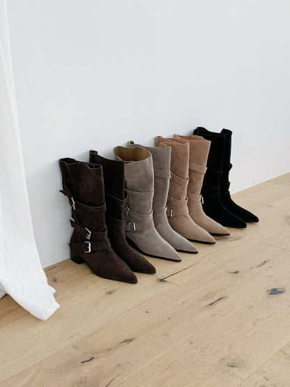 麂皮反褶尖頭靴