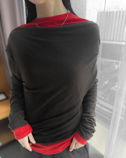 斜肩抓褶天絲上衣 - 深啡色