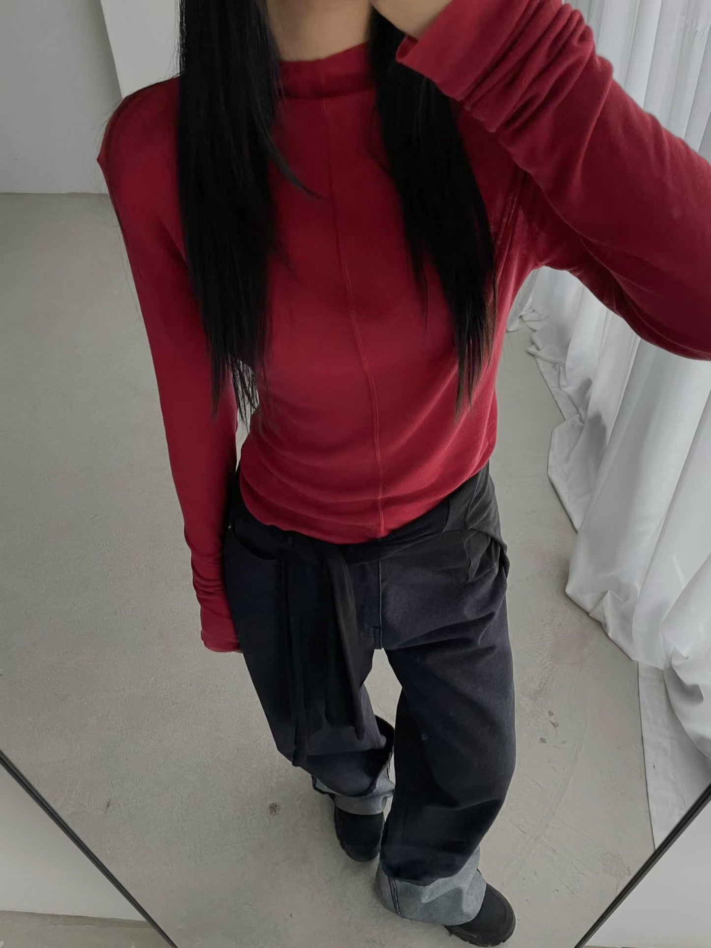 前後兩穿半高領上衣 深米色