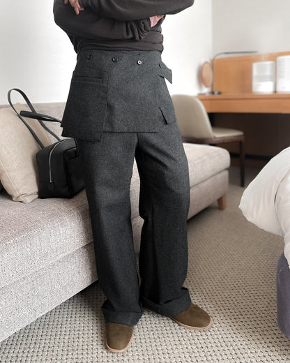 (可拆式裙片)薄羊毛直筒長褲 - 深灰色