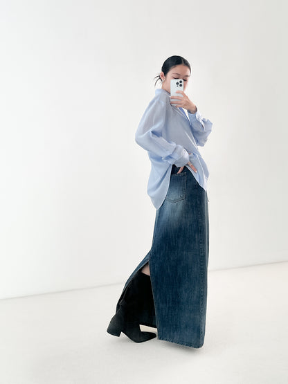 光澤感透薄恤衫 藍色