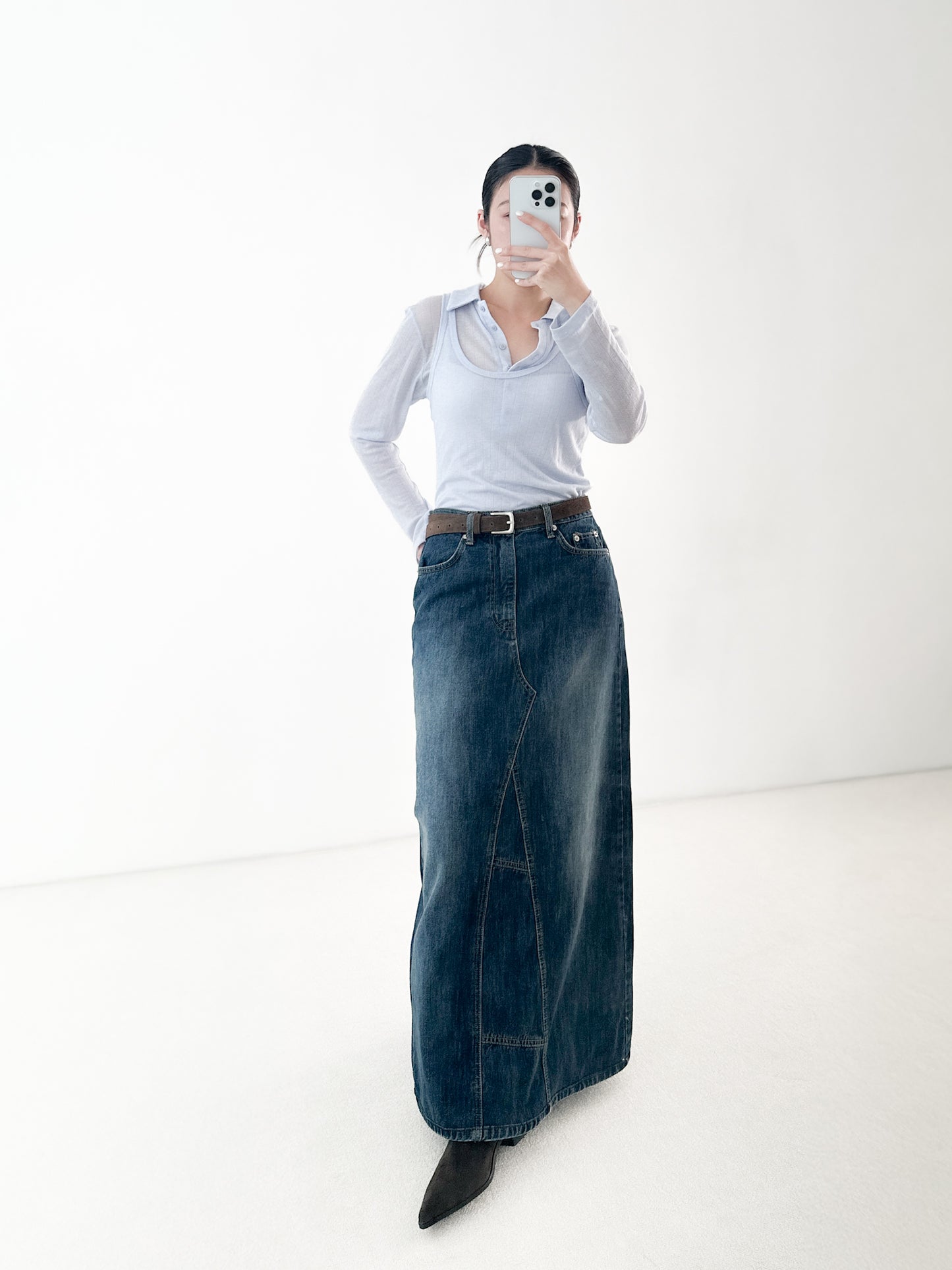 洗水深藍牛仔長裙