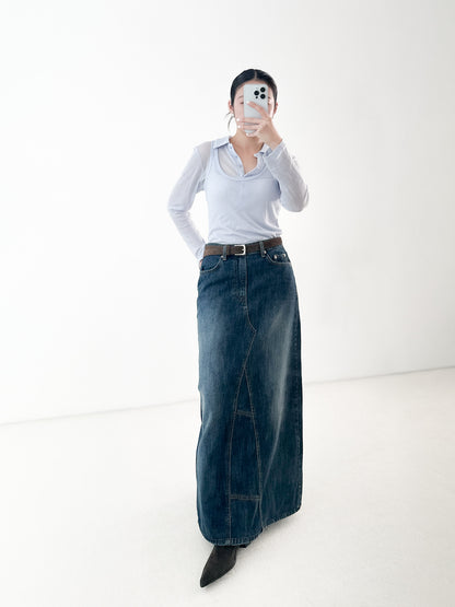 洗水深藍牛仔長裙