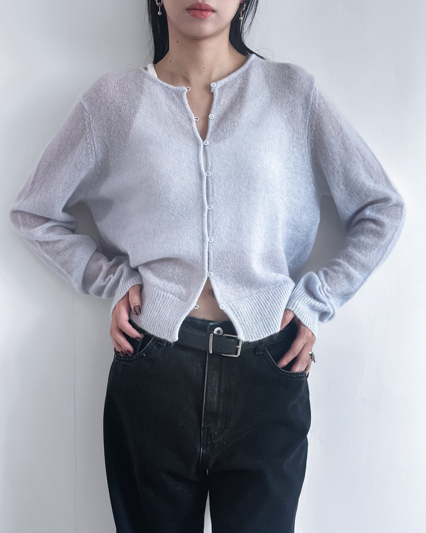 海馬毛混紡圓領薄外套 淺藍色