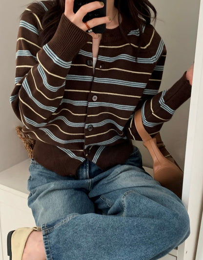 條紋開胸針織衫 啡色