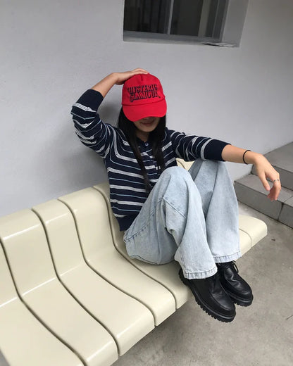 條紋開胸針織衫 深藍色