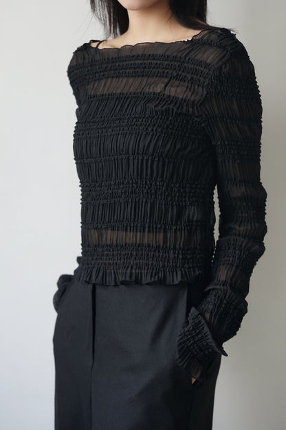 內外搭兩穿平領細褶上衣 黑色