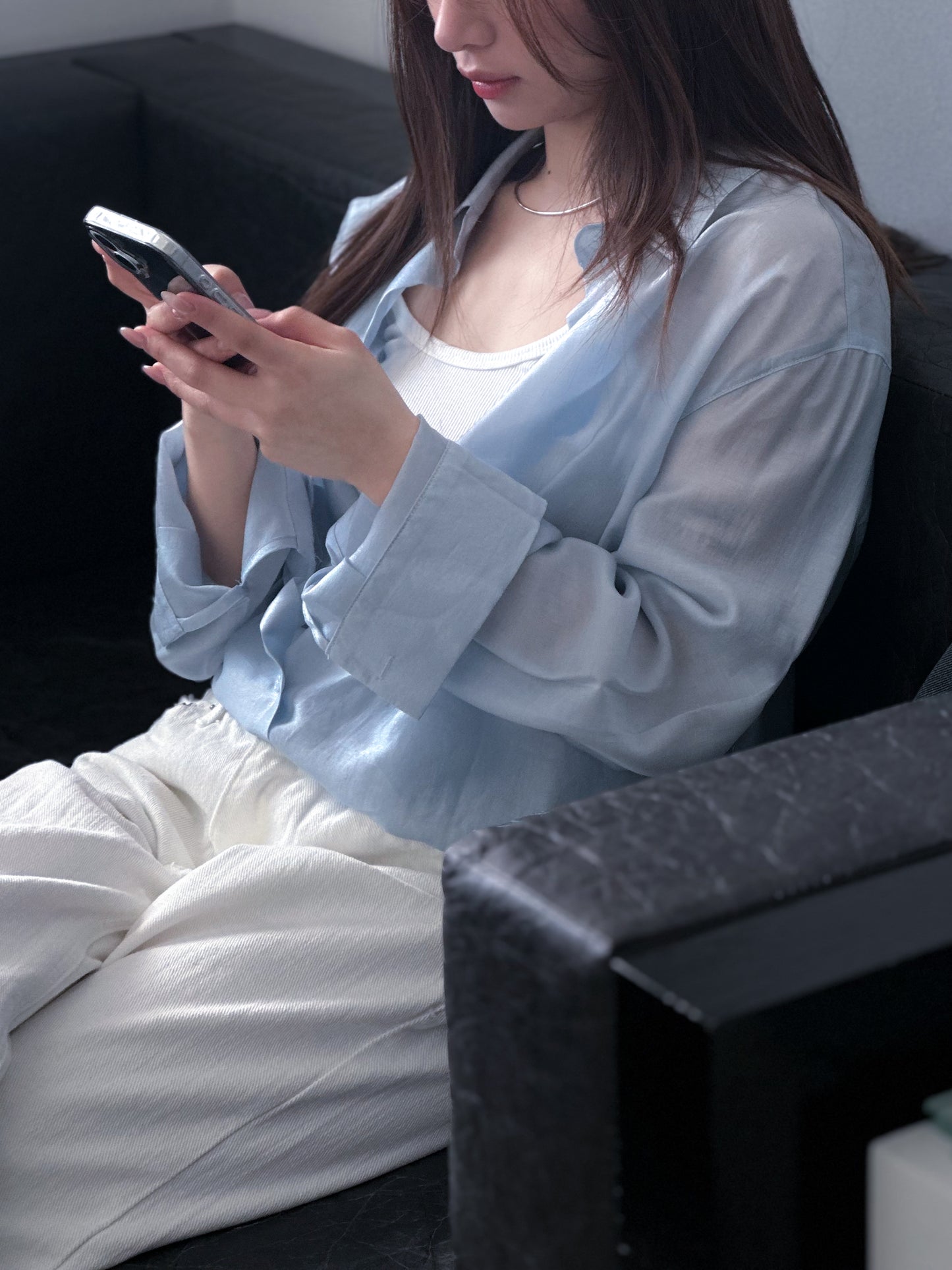 光澤感透薄恤衫 藍色