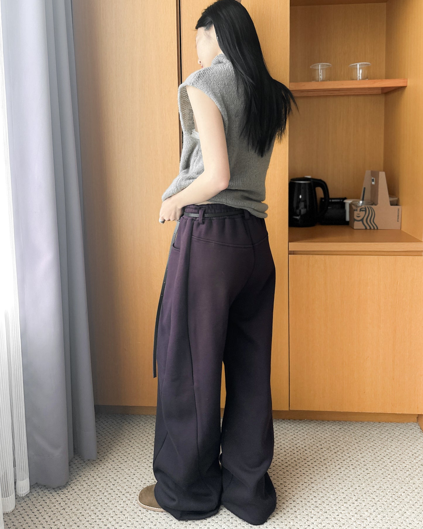 內舖棉舒適棉褲 - 酒紅啡