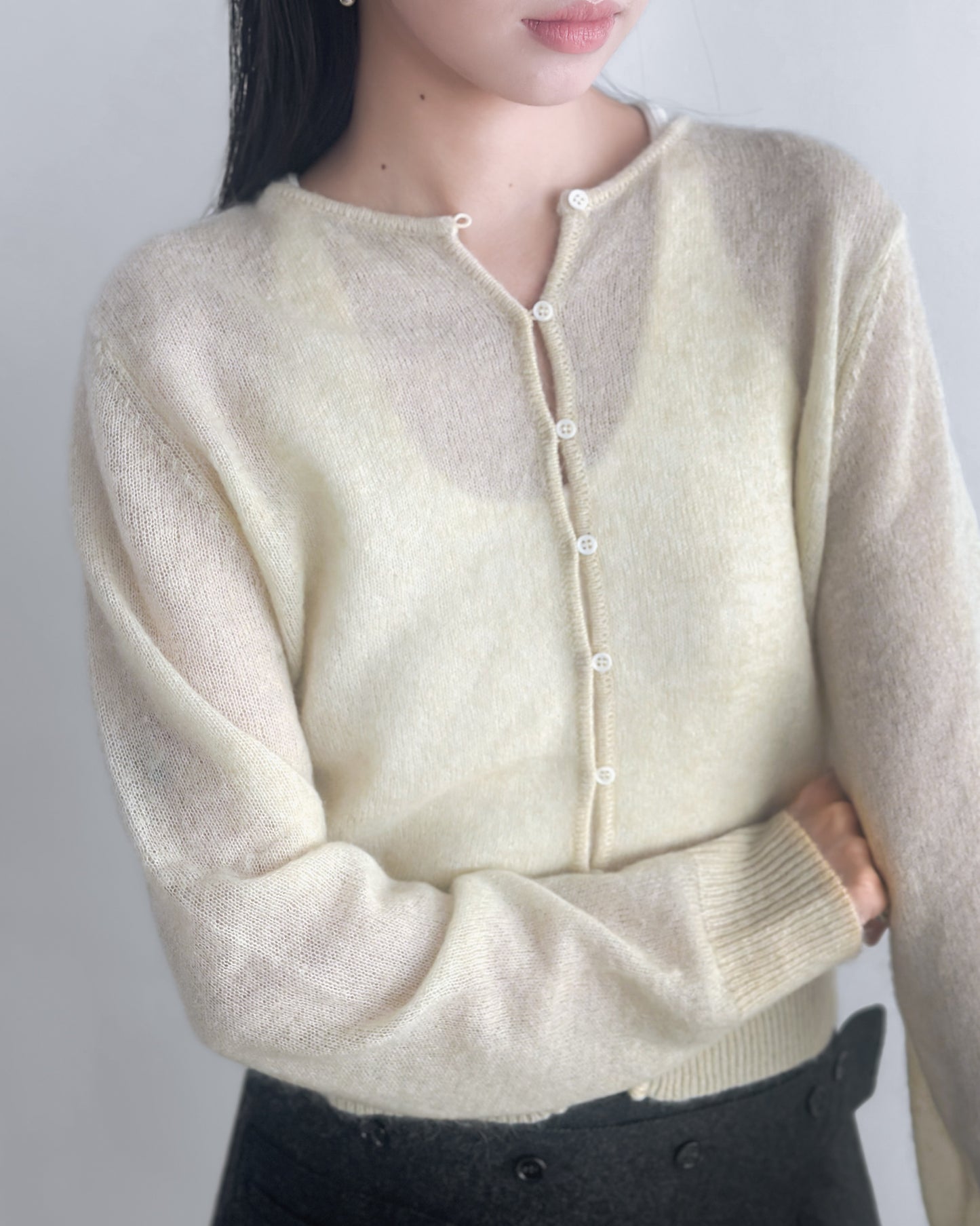 海馬毛混紡圓領薄外套 淺黃色