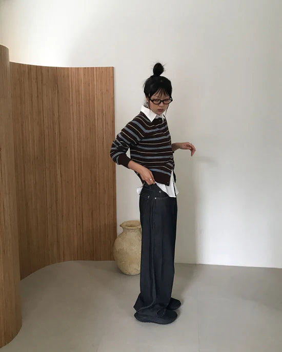 條紋開胸針織衫 啡色