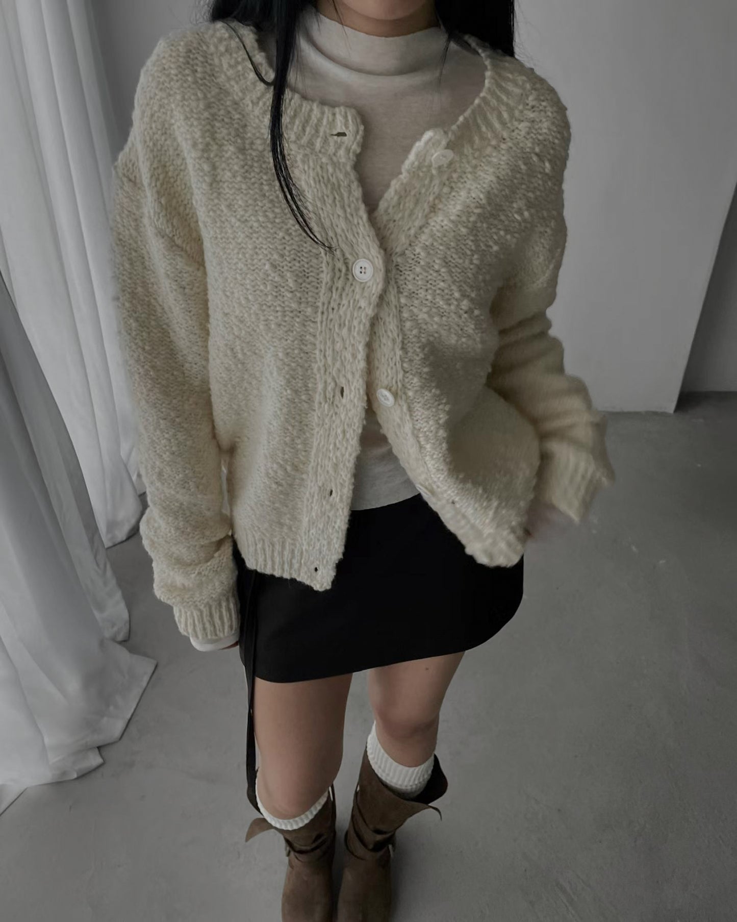 羊毛混紡圓領開胸外套 黑色