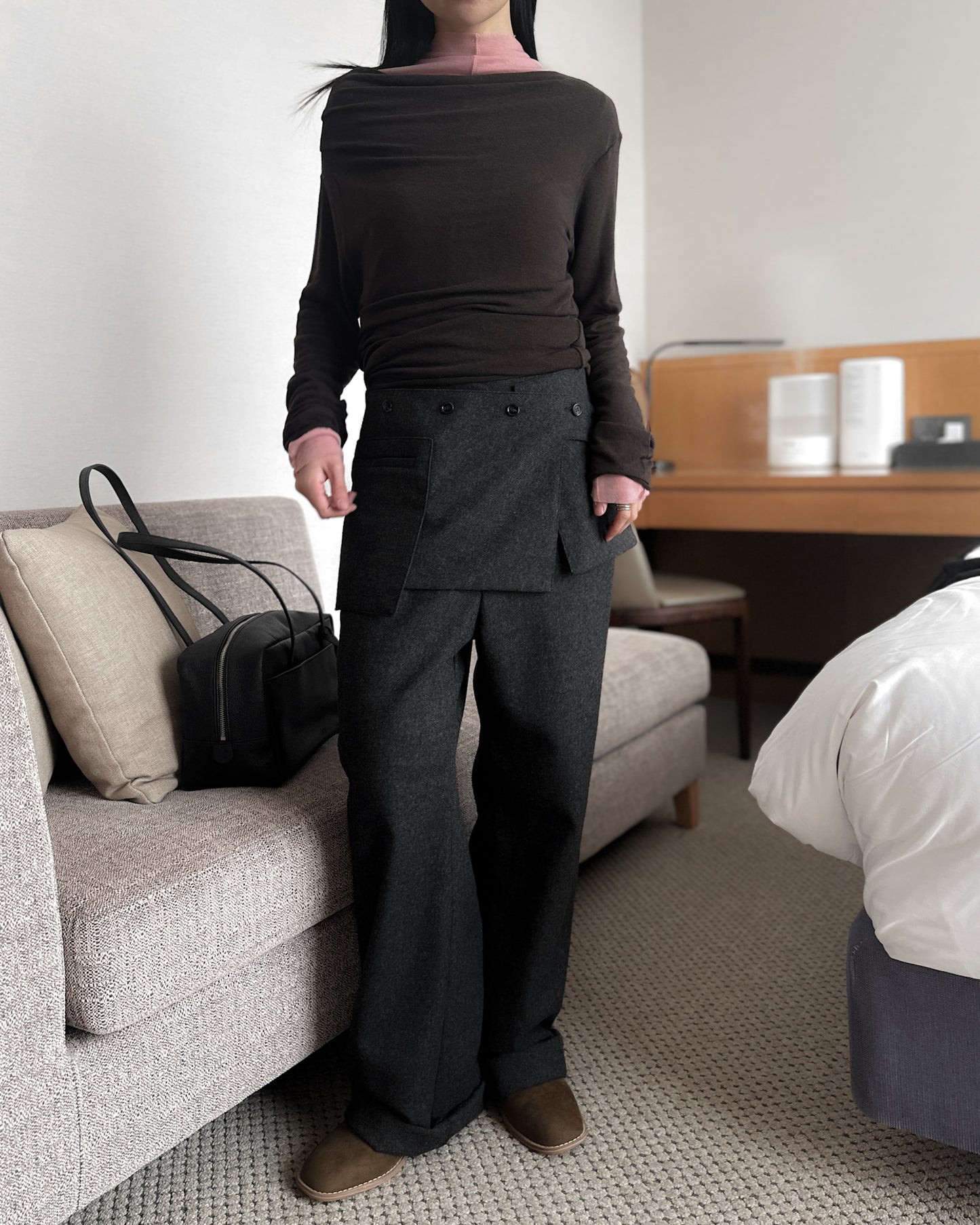 (可拆式裙片)薄羊毛直筒長褲 - 深灰色