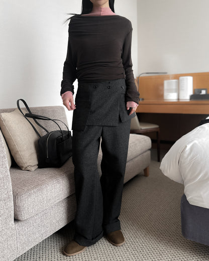 (可拆式裙片)薄羊毛直筒長褲 - 深灰色