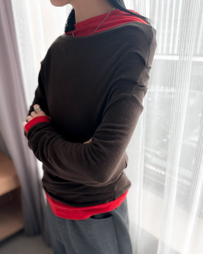 斜肩抓褶天絲上衣 - 深啡色