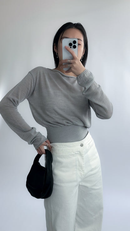 一字領束腰薄冷衫 - 黑色