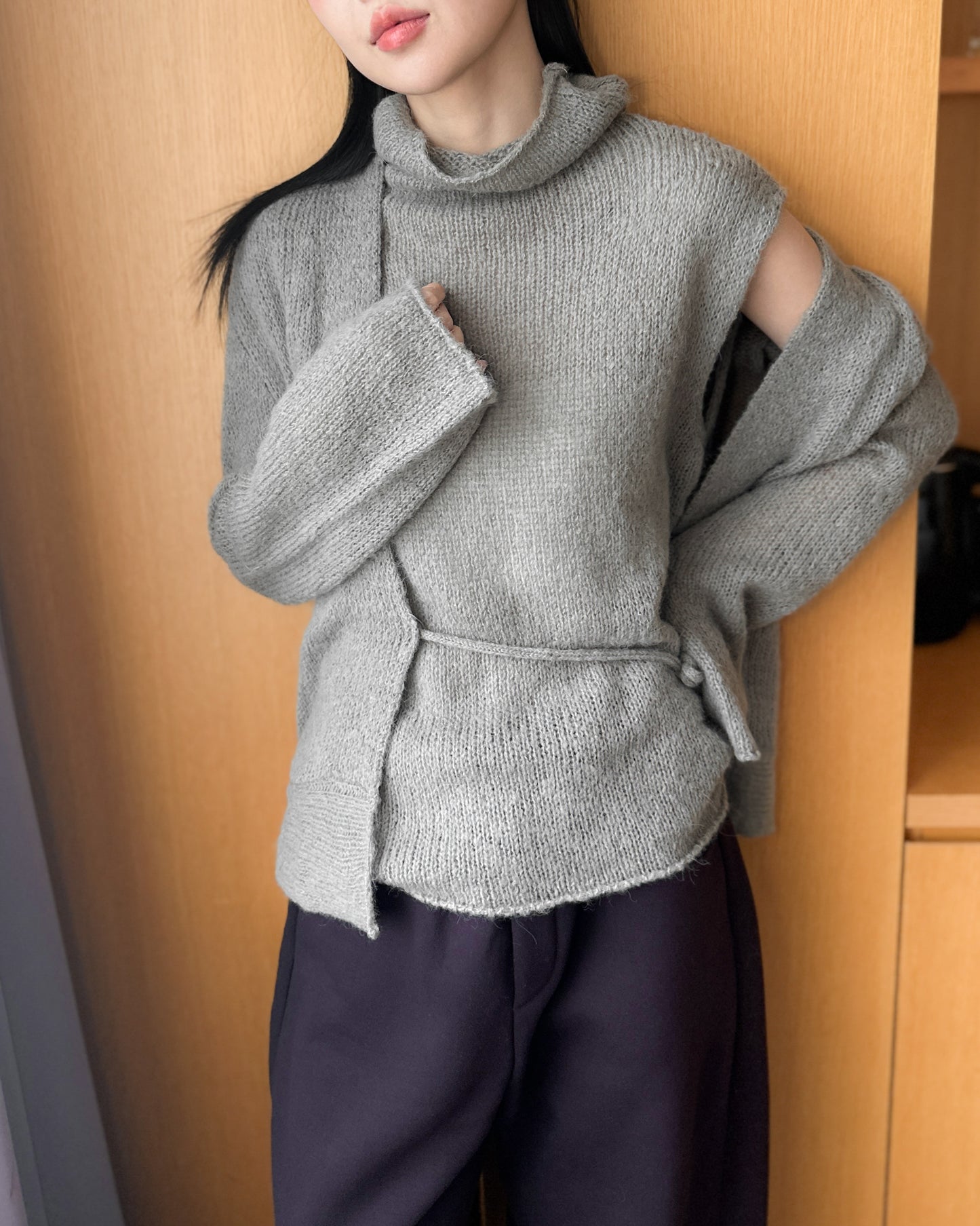 透薄羊毛背心連外套套裝 - 卡其色