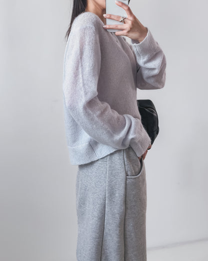 海馬毛混紡圓領薄外套 淺藍色