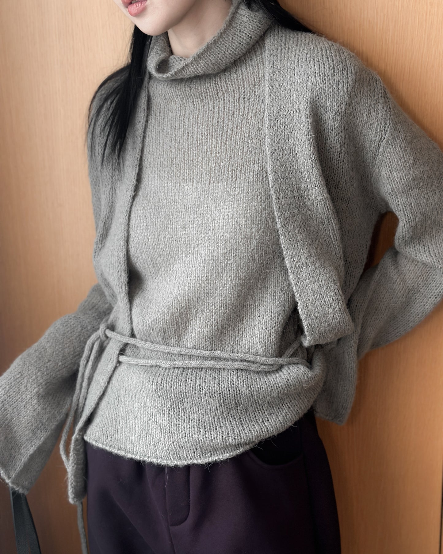 透薄羊毛背心連外套套裝 - 卡其色