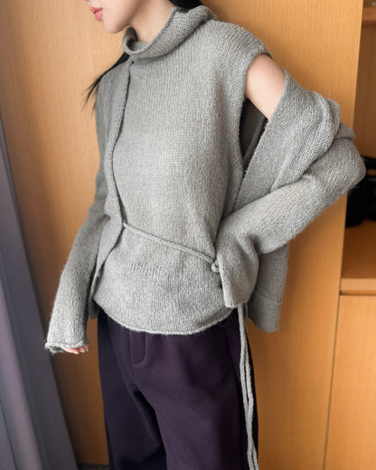 透薄羊毛背心連外套套裝 - 卡其色