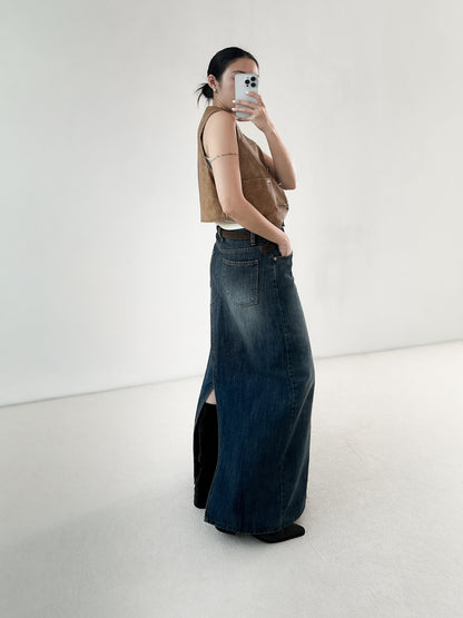 洗水深藍牛仔長裙