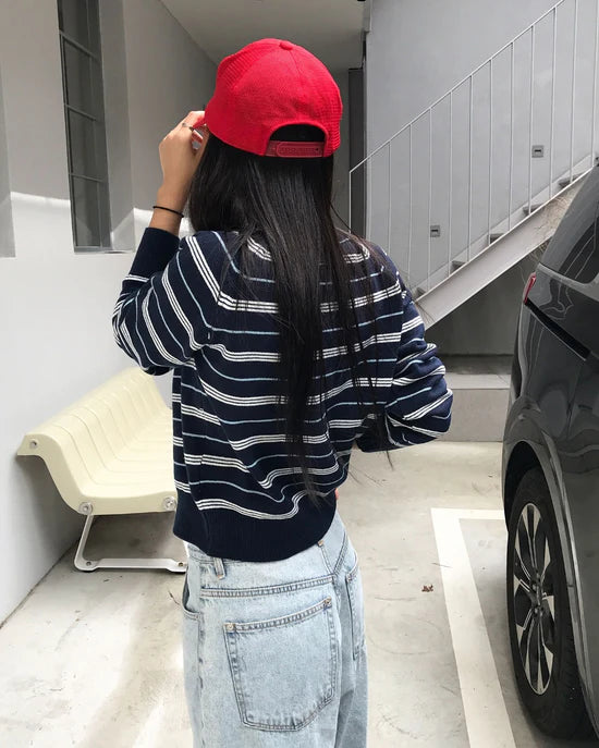 條紋開胸針織衫 深藍色