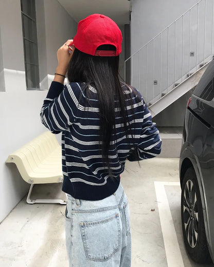 條紋開胸針織衫 深藍色